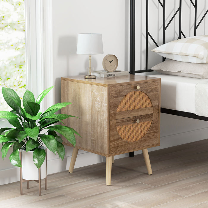 Bohemian Style Rattan Nightstand End Side Table with 2 Drawers-