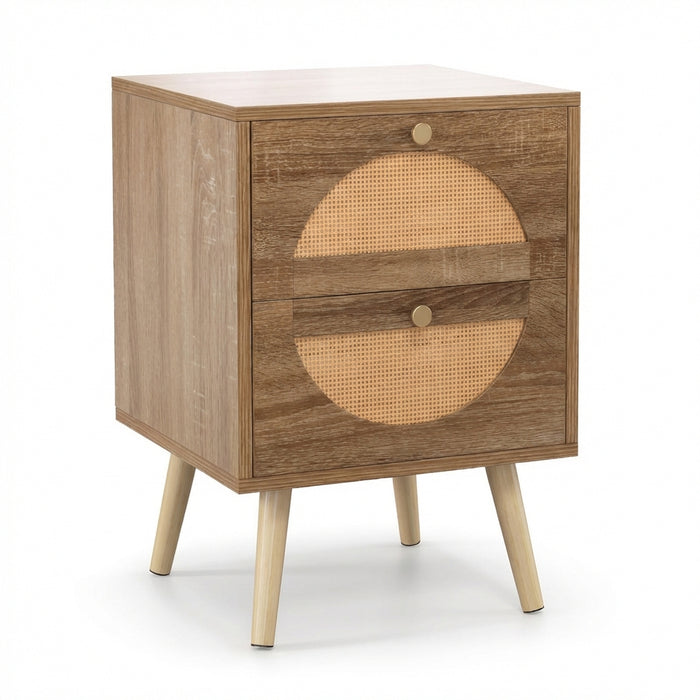 Bohemian Style Rattan Nightstand End Side Table with 2 Drawers-