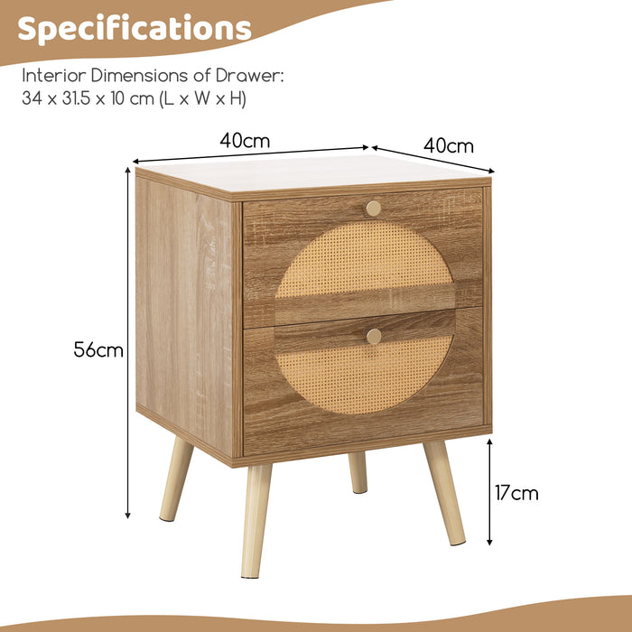 Bohemian Style Rattan Nightstand End Side Table with 2 Drawers-