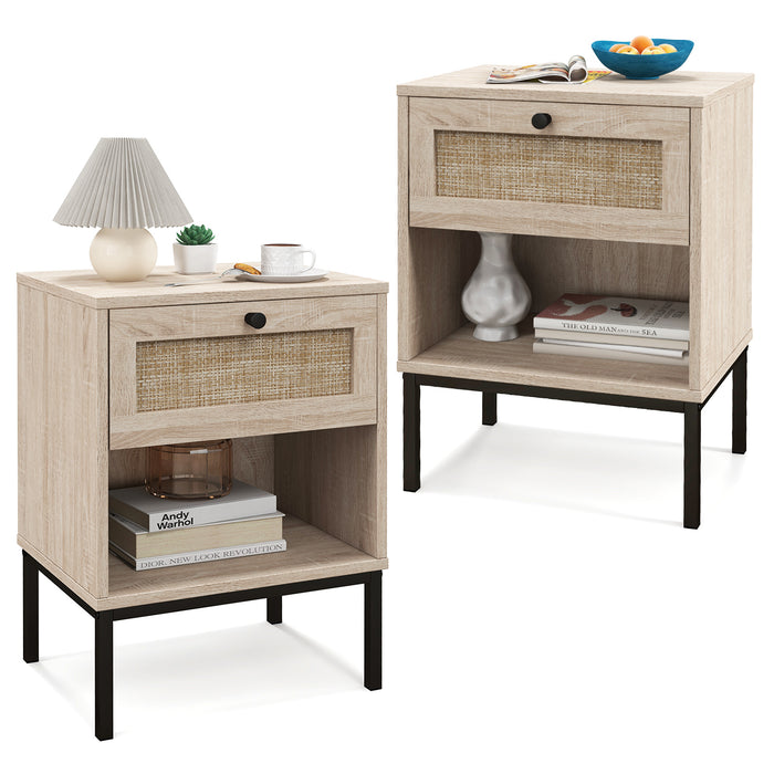 Set of 2 Boho Style Nightstand with Rattan Drawer and Open Shelf-