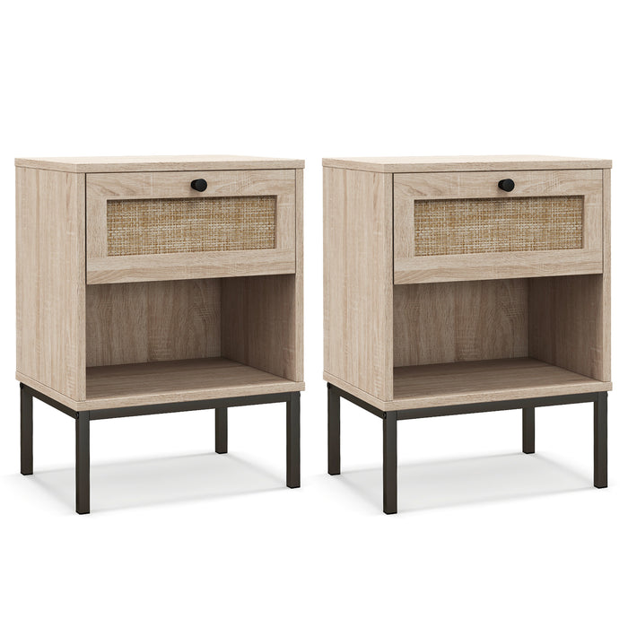 Set of 2 Boho Style Nightstand with Rattan Drawer and Open Shelf-