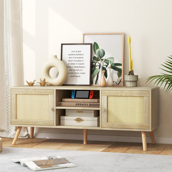 Boho PE Rattan TV Stand with 2 Cabinets and Open Shelves