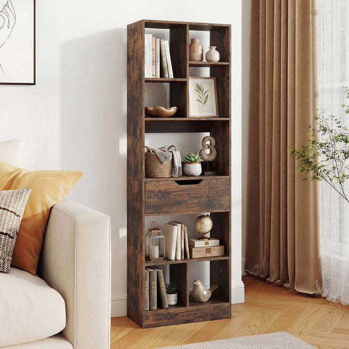 Bookcase with Drawer & 8 Open Cubes and Anti-Toppling Kits for Office Study-White