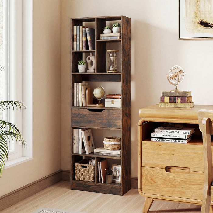 Bookcase with Drawer & 8 Open Cubes and Anti-Toppling Kits for Office Study-White