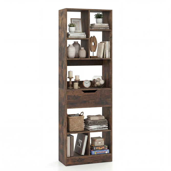 Bookcase with Drawer & 8 Open Cubes and Anti-Toppling Kits for Office Study-White