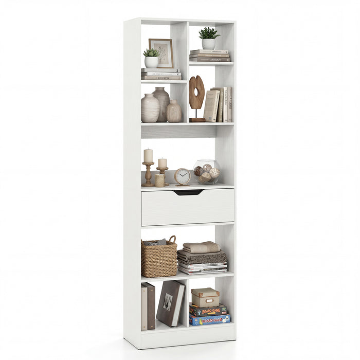 Bookcase with Drawer & 8 Open Cubes and Anti-Toppling Kits for Office Study-White