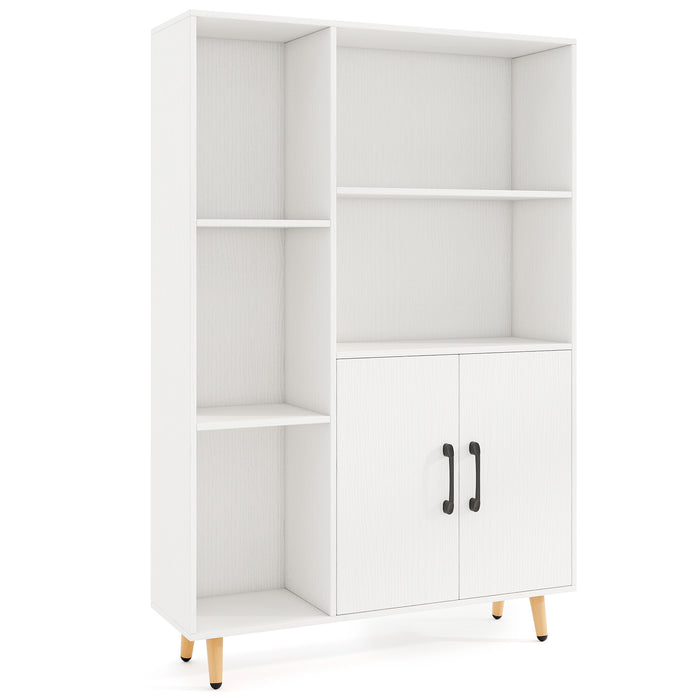 Bookcase with 5 Open Compartments and Double Doors Storage Cabinet-White