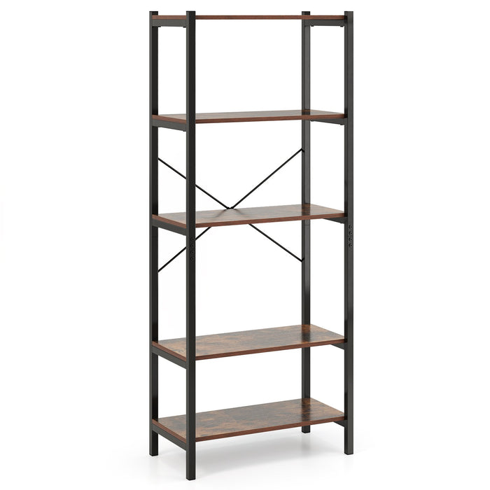 5-Tier Bookshelf with Metal Frame and Storage Rack-Rustic Brown