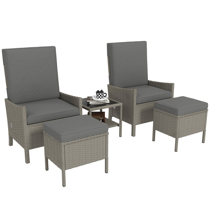 Outsunny 5 Piece Rattan Garden Furniture Set, Wicker Outdoor Furniture with 2 Armchairs, 2 Footstools and Glass Top Coffee Table with Shelf, Cushions for Patio Balcony, Dark Grey