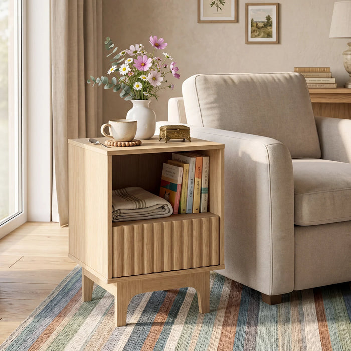 Brooklyn Fluted Nightstand Modern Wooden Night Stand with Open Compartment-
