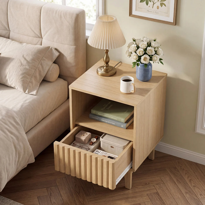 Brooklyn Fluted Nightstand Modern Wooden Night Stand with Open Compartment-