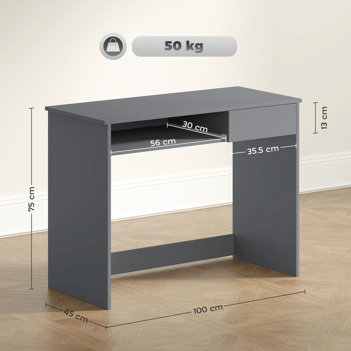 HOMCOM Compact Computer Desk with Keyboard Tray, Home Office Desk with Drawer for Bedroom Study, Grey