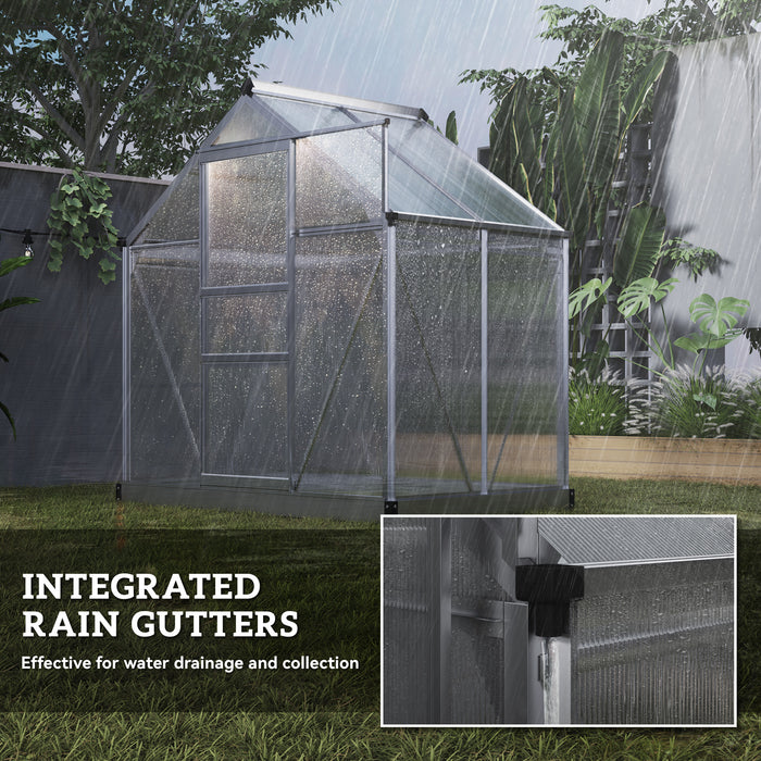 Outsunny Polycarbonate Greenhouse, Large Walk-In Green House with Slide Door and Window, Aluminium Frame, 6x4ft, Silver Tone