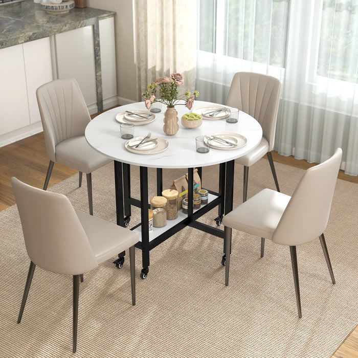 HOMCOM Folding Dining Table, Drop Leaf Table with Open Shelf, Rolling Kitchen Table for Dining Room, Small Spaces, White Marble