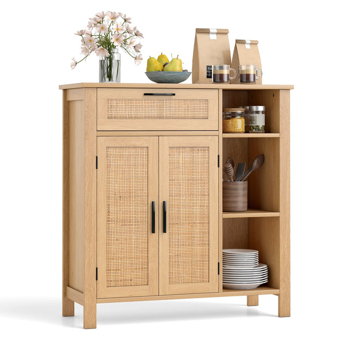 Buffet Sideboard with Rattan Woven Doors and Adjustable Shelf-Natural