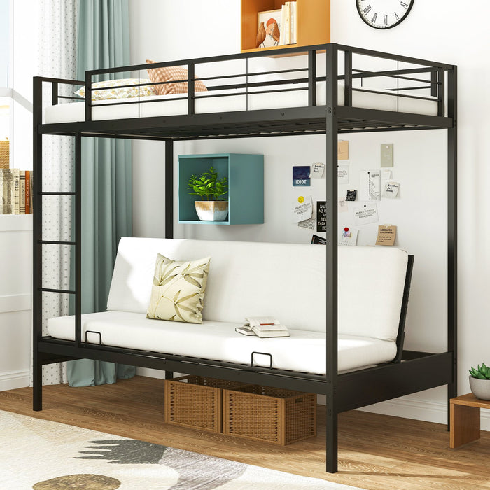 Single Over Futon Bunk Bed with Ladder and Safety Guardrails-Black-