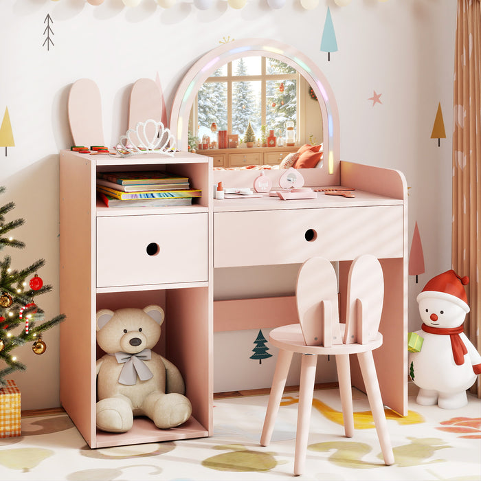 Bunny Kids Vanity Table and Chair Set with Lighted Mirror-