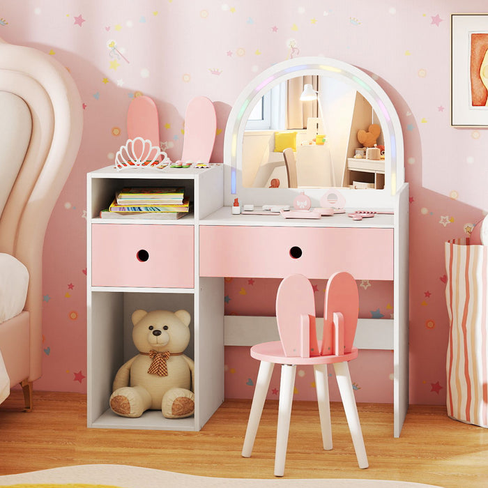 Bunny Kids Vanity Table and Chair Set with Lighted Mirror-
