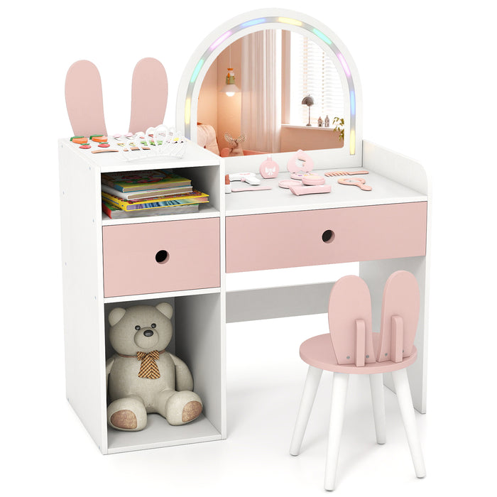 Bunny Kids Vanity Table and Chair Set with Lighted Mirror-