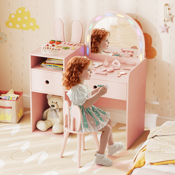 Bunny Kids Vanity Table and Chair Set with Lighted Mirror-