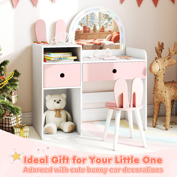 Bunny Kids Vanity Table and Chair Set with Lighted Mirror-