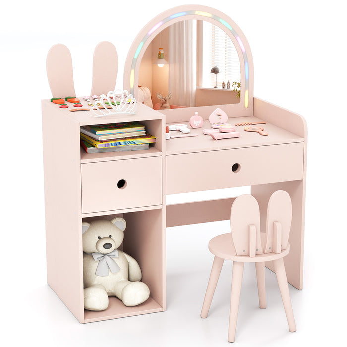 Bunny Kids Vanity Table and Chair Set with Lighted Mirror-