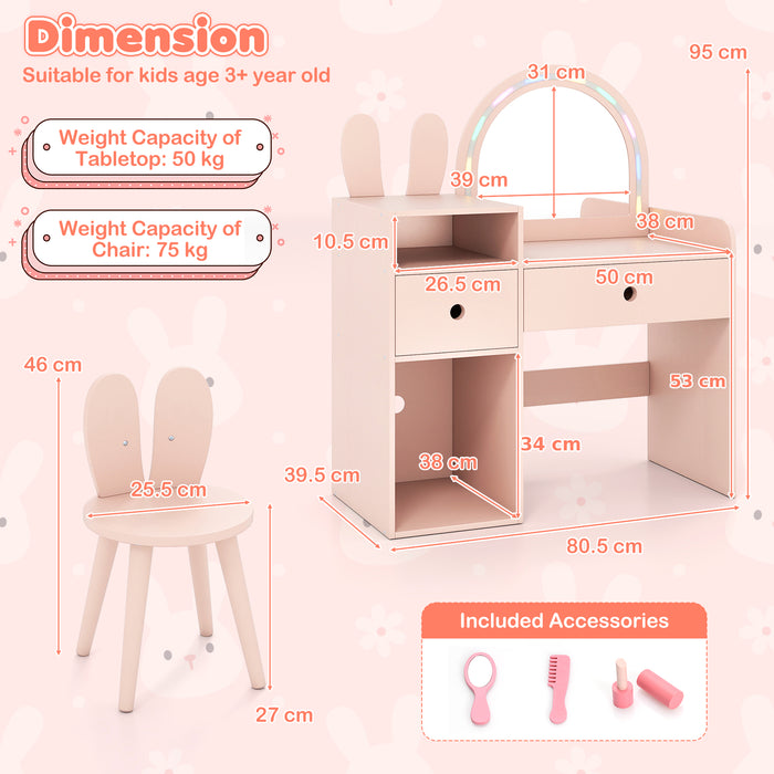 Bunny Kids Vanity Table and Chair Set with Lighted Mirror-