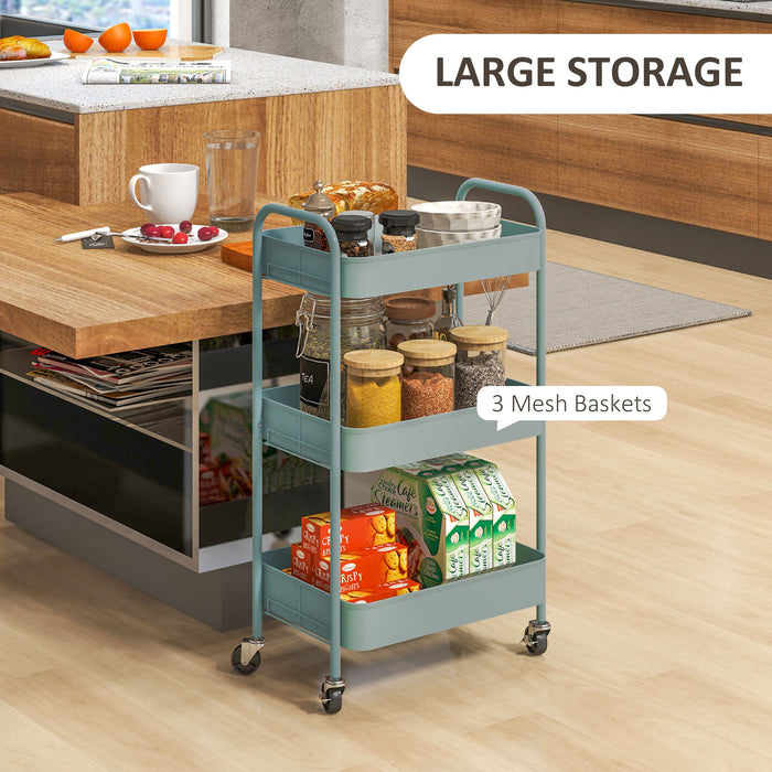 HOMCOM Three-Tier Steel Storage Trolley - Light Blue | Aosom UK