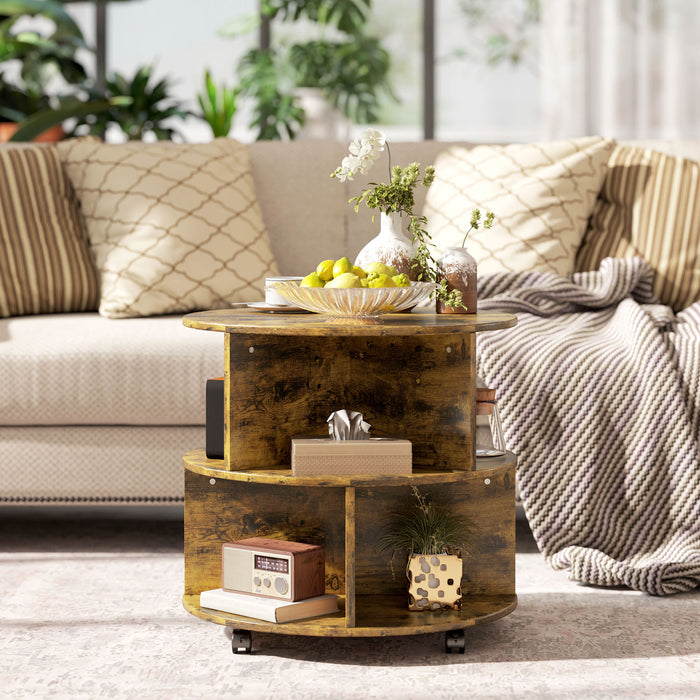 HOMCOM Round Coffee Table with Wheels, 3-Tier Rolling Side Table for Living Room with Divided Shelves, Rustic Brown | Aosom UK