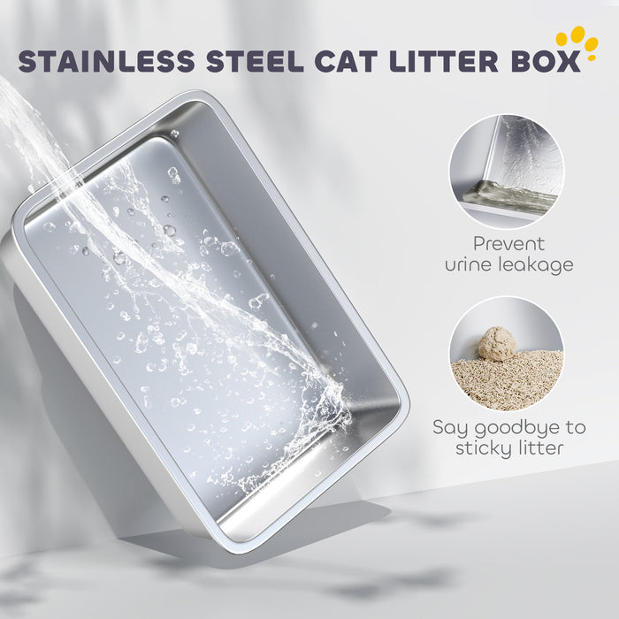 PawHut 65L Extra Large Stainless Steel Litter Tray with Plasma Deodoriser System, High Sided, Easy to Clean & Odour-Resistant