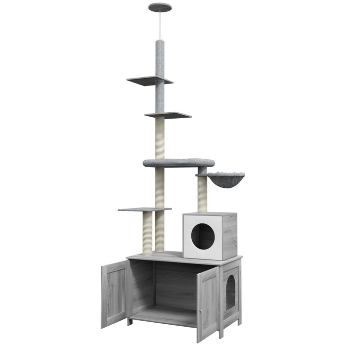 2 in 1 Cat Tree and Concealed Litter Box Furniture - Multi-Level Kitty Playhouse with Bed, Hammock, Scratch Posts & Platforms - Stylish Indoor Cat Tower for Play, Sleep & Privacy