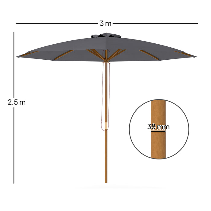 Outsunny 3(m) Wooden Patio Umbrella - Dark Grey