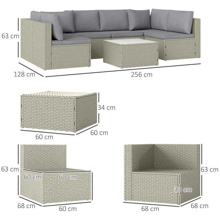 Outsunny 7 Pieces Rattan Garden Furniture Set, 6 Seater Garden Corner Sofa with Wide Seat, Cushions and Glass Top Table, Sectional Outdoor Furniture Conservatory Set for Patio, Light Brown