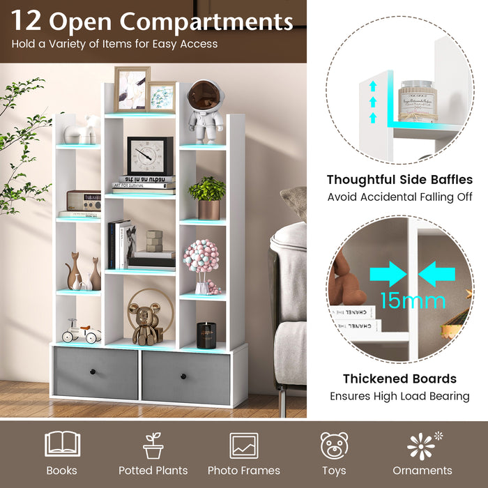Wooden 12-Tier Bookshelf - Foldable Drawer, Perfect for Study or Living Room, White - Ideal for Organizing Books and Decorative Items