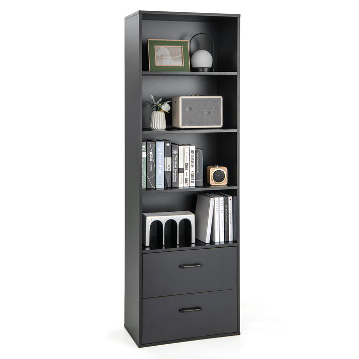 Modern Wooden 6-Tier Bookshelf - Includes 4 Open Shelves and 2 Drawers, Black Finish - Ideal for Organizing and Storing Books and Decorative Items