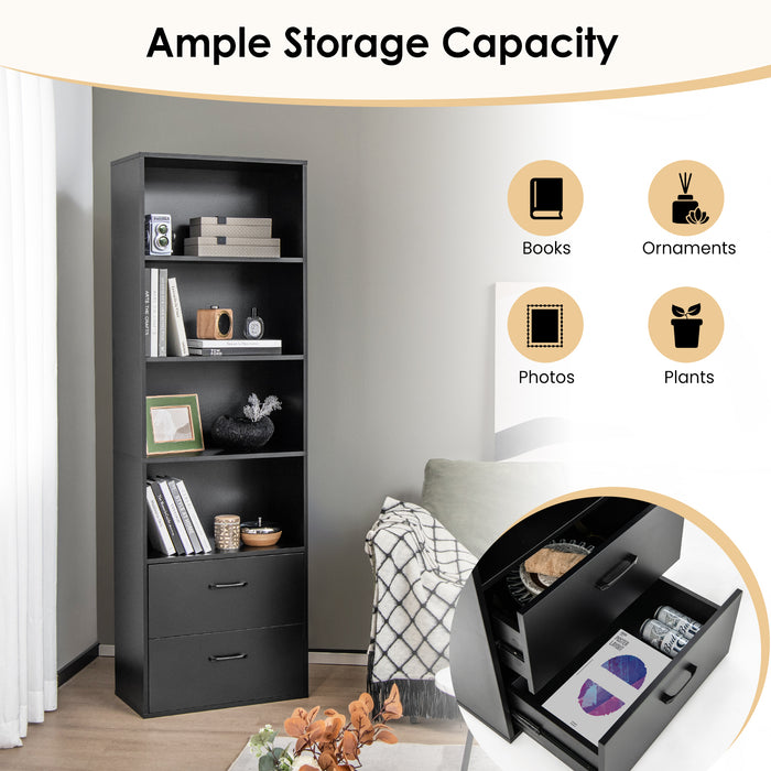 Modern Wooden 6-Tier Bookshelf - Includes 4 Open Shelves and 2 Drawers, Black Finish - Ideal for Organizing and Storing Books and Decorative Items