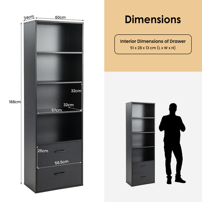 Modern Wooden 6-Tier Bookshelf - Includes 4 Open Shelves and 2 Drawers, Black Finish - Ideal for Organizing and Storing Books and Decorative Items