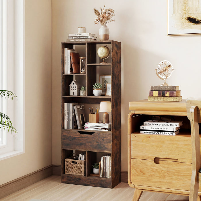 Tall Freestanding Bookshelf with 7 Open Cubes and Anti-toppling Kits for Living Room-