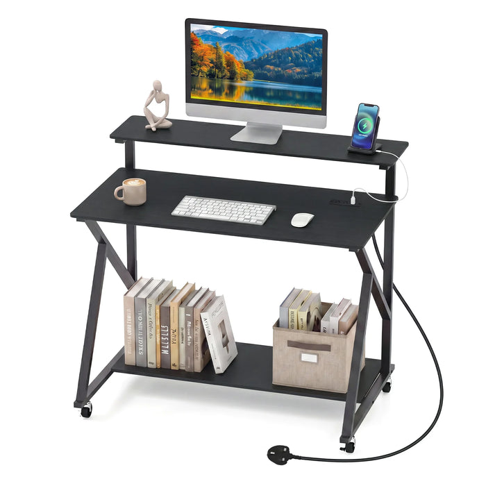 Mobile Computer Desk with Power Outlets Monitor Stand and Storage Shelf-