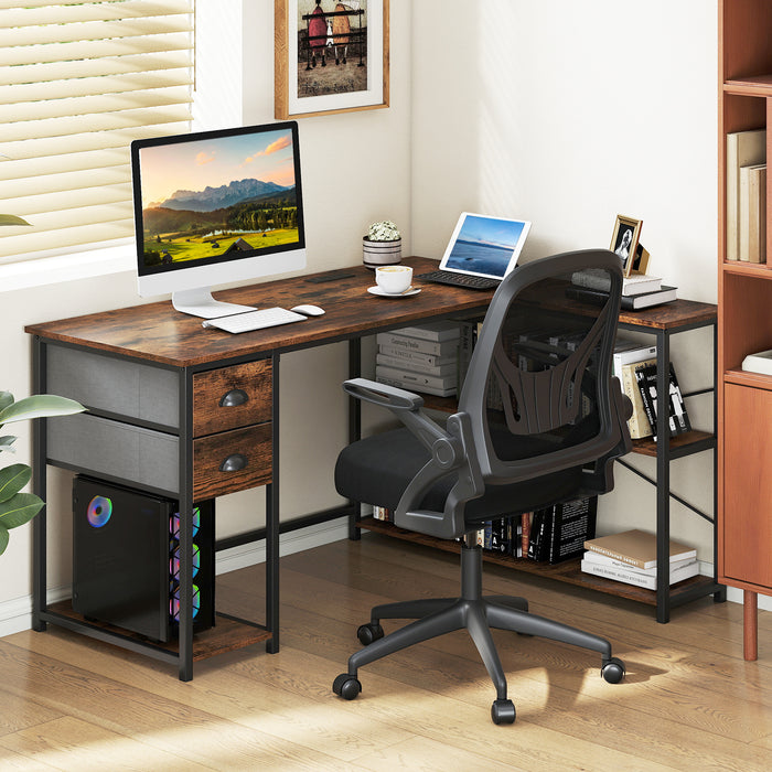 L Shaped Desk with Charging Station and 2 Fabric Drawers for Small Space-