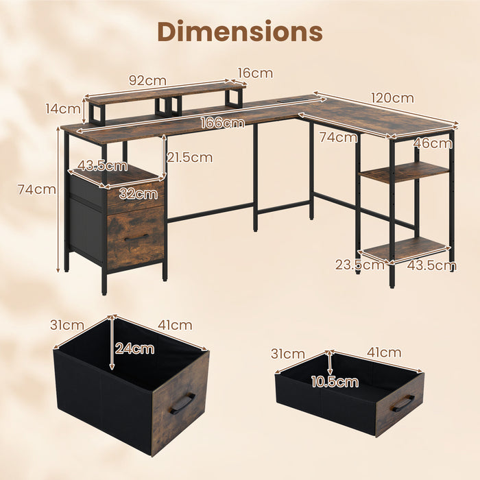 L-shaped Desk with Power Outlets Monitor Stand 2 Drawers and Adjustable Shelf-