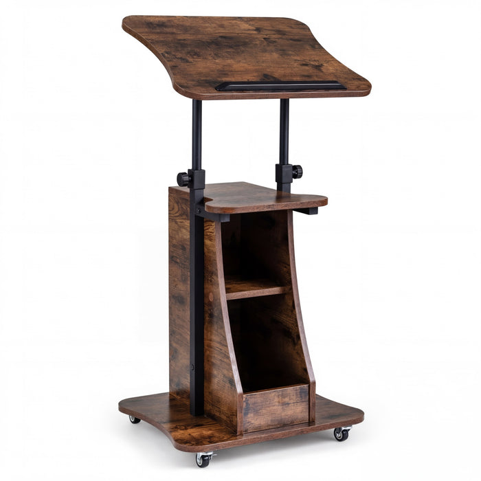 Rolling Podium Stand with Tilting Tabletop and Storage Shelves for Office-