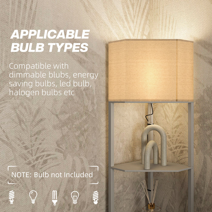 HOMCOM Corner Floor Lamp with Shelves, Tall Standing Lamps for Living Room, with Pull Chain Switch Bulb not Included, Grey | Aosom UK