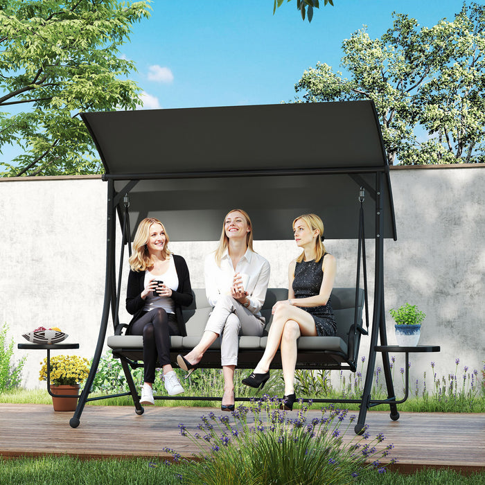Outsunny 3 Seater Garden Swing Chair with Adjustable Canopy, Cushion and Coffee Tables for Outdoor Dark Grey