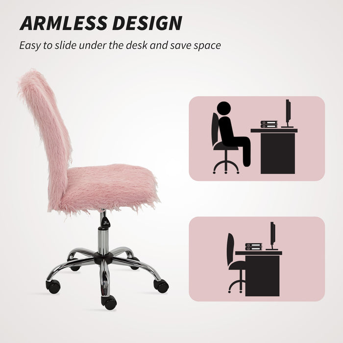 HOMCOM Plush Office Desk Chair, Modern Armless Swivel Vanity Chair with Adjustable Height for Home Office, Bedroom, Living Room, Pink