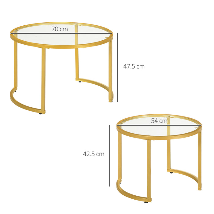 HOMCOM Coffee Table Set of 2, Modern Nest of Tables with Tempered Glass Top, Steel Frame for Living Room, Gold Tone