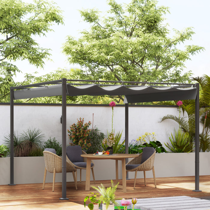 Outsunny 3 x 3(m) Garden Pergola with Retractable Roof and Magnetic Fixture, Outdoor Pergola Kit Sun Shade Canopy, UPF30+, Grey