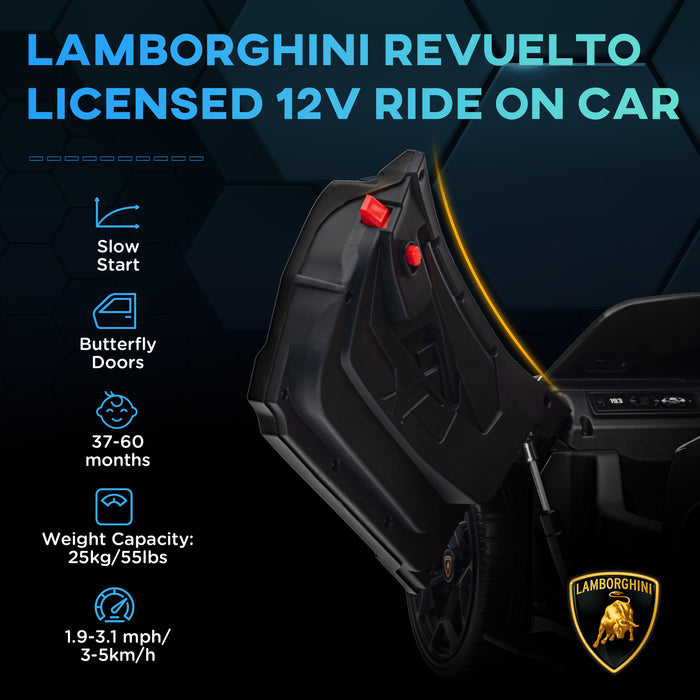 AIYAPLAY Lamborghini Revuelto Licensed 12V Ride on Car w/ Butterfly Doors Training Wheels, Suspension, Remote Control Black | Aosom UK