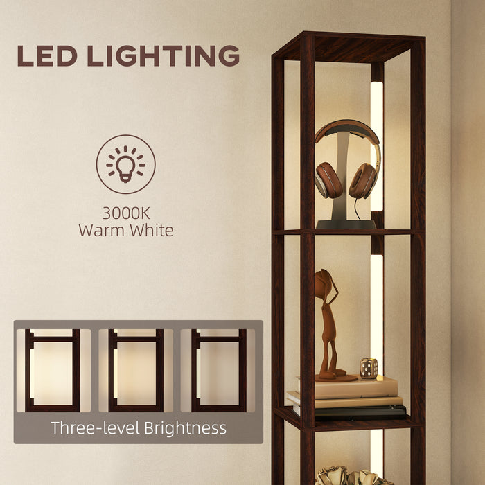 HOMCOM Floor Lamp with Shelves, LED Column Modern Standing Lamp with Fabric Drawer, Adjustable Brightness, Foot Switch for Living Room, Bedroom, Office, Dark Brown