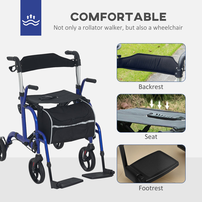 HOMCOM 2 in 1 Wheelchair Transport Chair & Folding Rollator Walker with Seat, Backrest, Footrest, Lightweight Walking Frame with Bag, Adjustable Height, 4 Wheeled Walker for Seniors, Pearl Blue